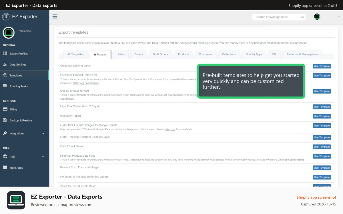 EZ Exporter ‑ Data Exports Shopify app screenshot: Built in templates.