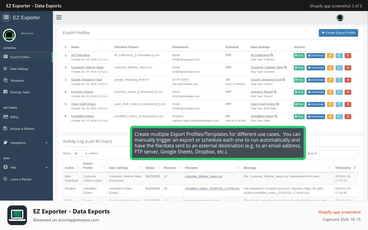 EZ Exporter ‑ Data Exports Shopify app screenshot: Export profiles.