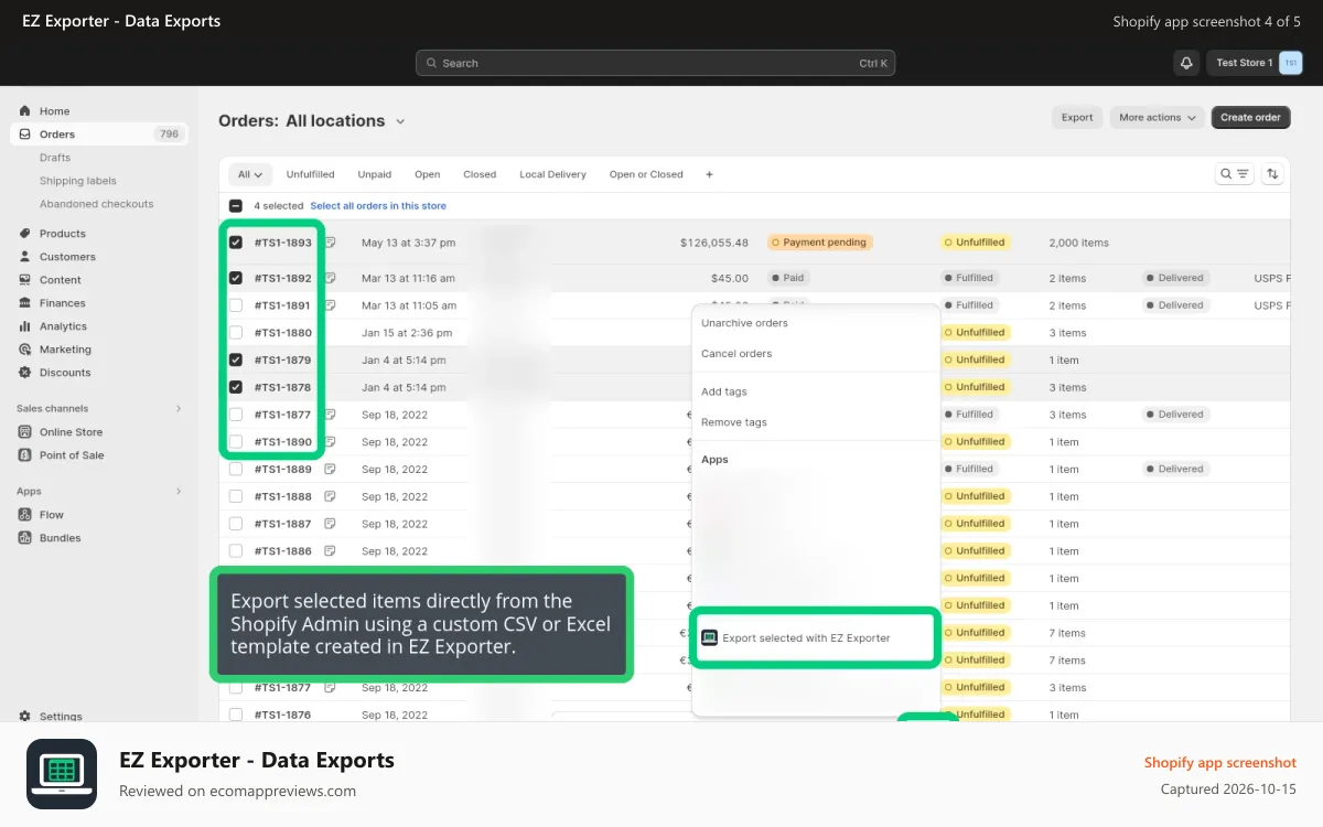 EZ Exporter ‑ Data Exports Shopify app screenshot: Export selected orders directly from the Shopify Admin.