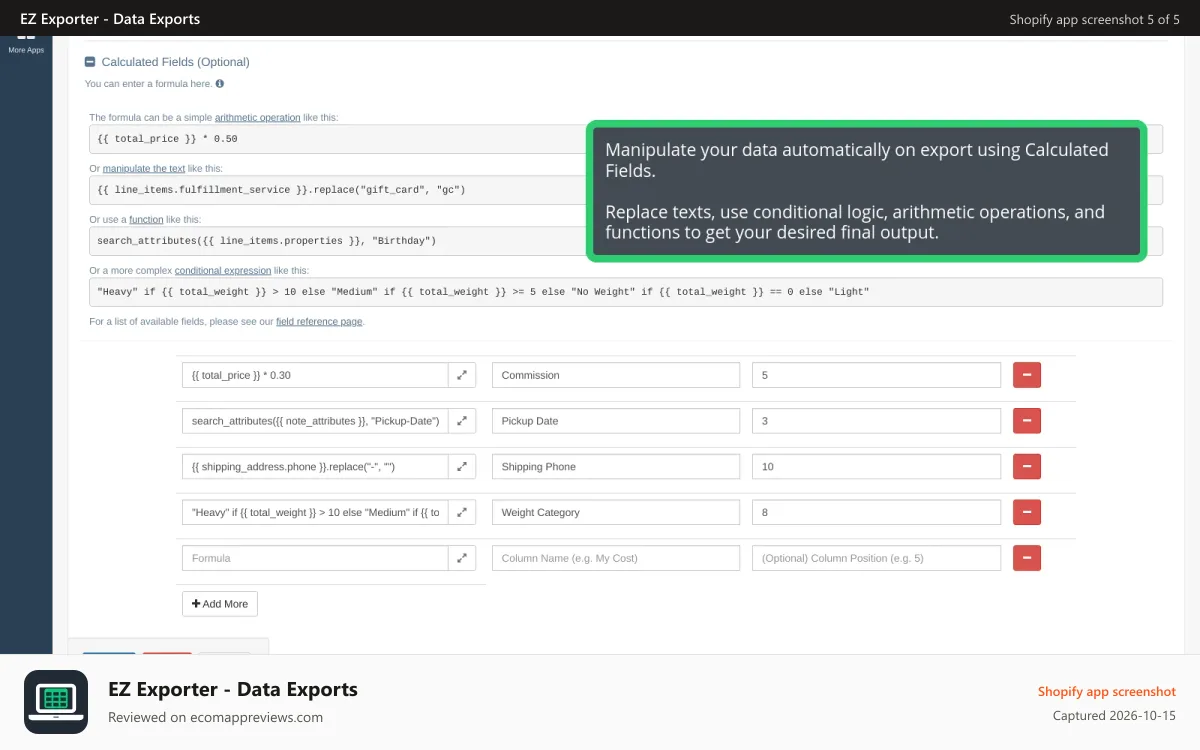EZ Exporter ‑ Data Exports Shopify app screenshot: Manipulate your data on export with Calculated Fields.