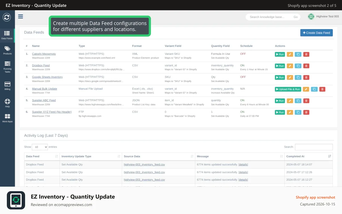 EZ Inventory ‑ Quantity Update Shopify app screenshot: Data Feeds listing