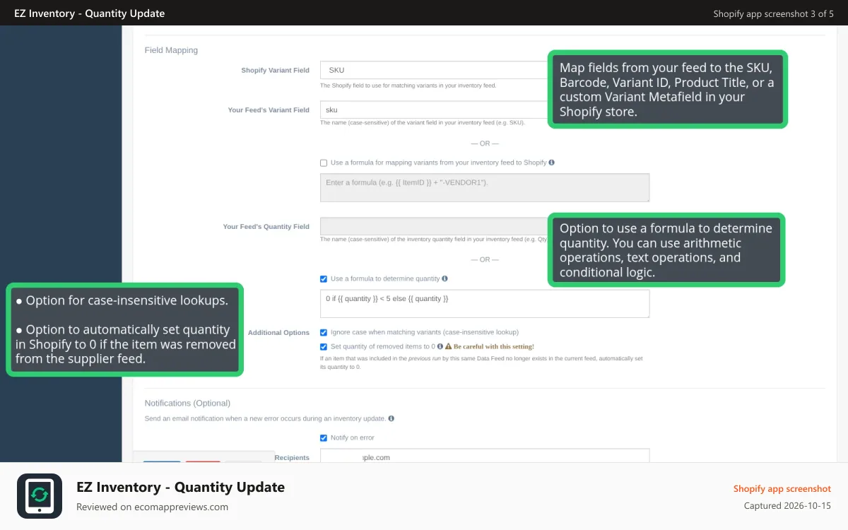EZ Inventory ‑ Quantity Update Shopify app screenshot: Data Feed mapping configuration