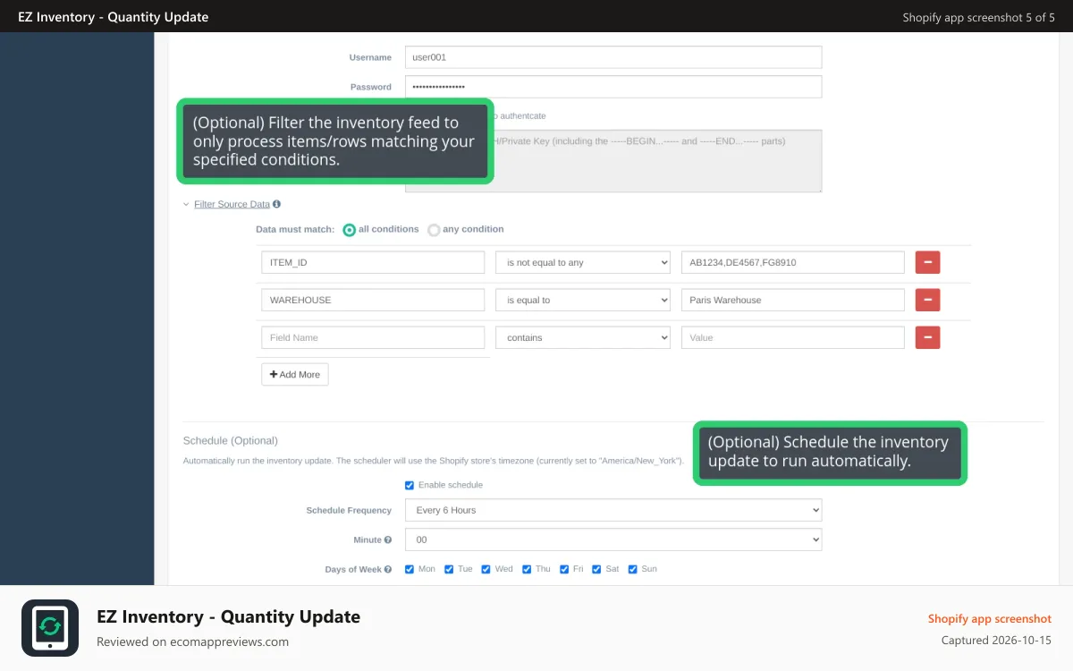 EZ Inventory ‑ Quantity Update Shopify app screenshot: Filter source feed data