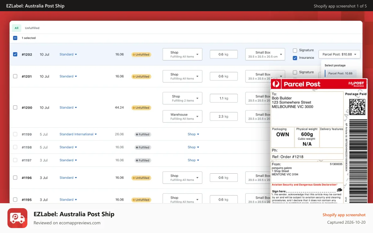 EZLabel: Australia Post Ship Shopify app screenshot: featured