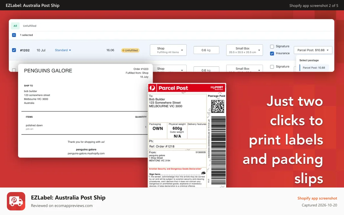 EZLabel: Australia Post Ship Shopify app screenshot: two clicks