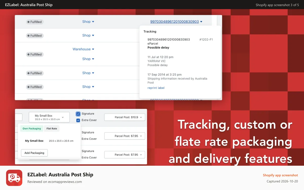 EZLabel: Australia Post Ship Shopify app screenshot: tracking