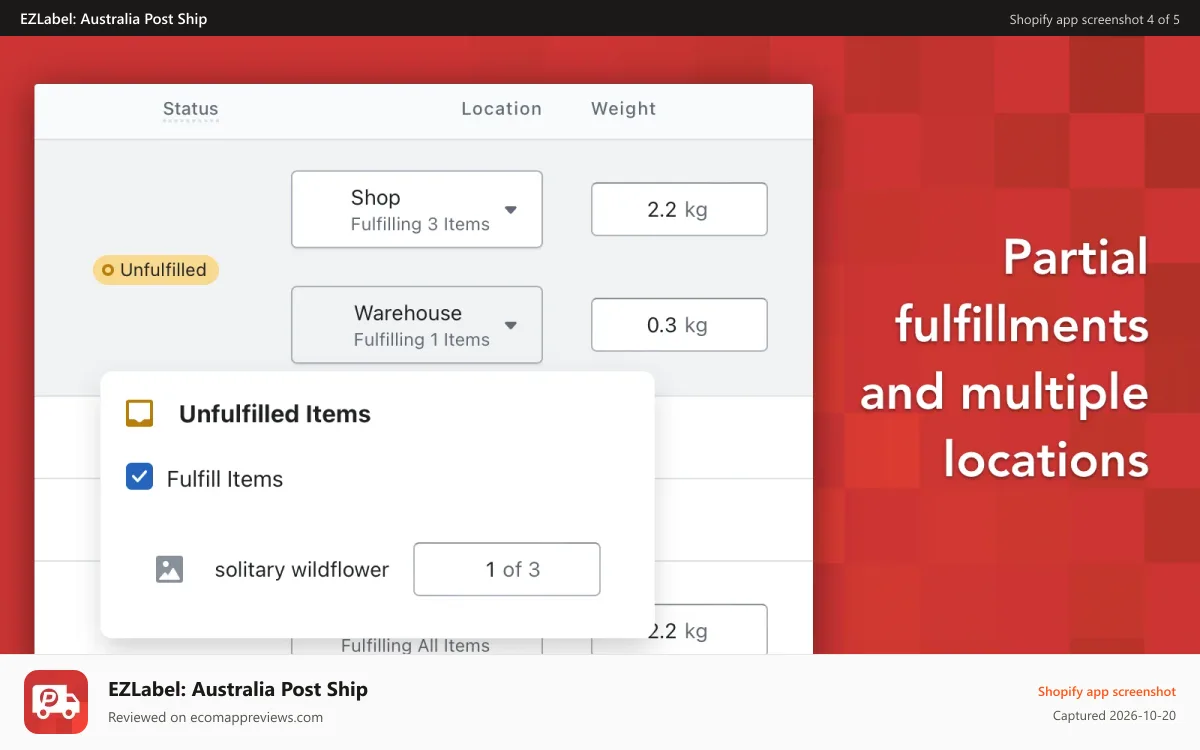 EZLabel: Australia Post Ship Shopify app screenshot: partial fulfillment