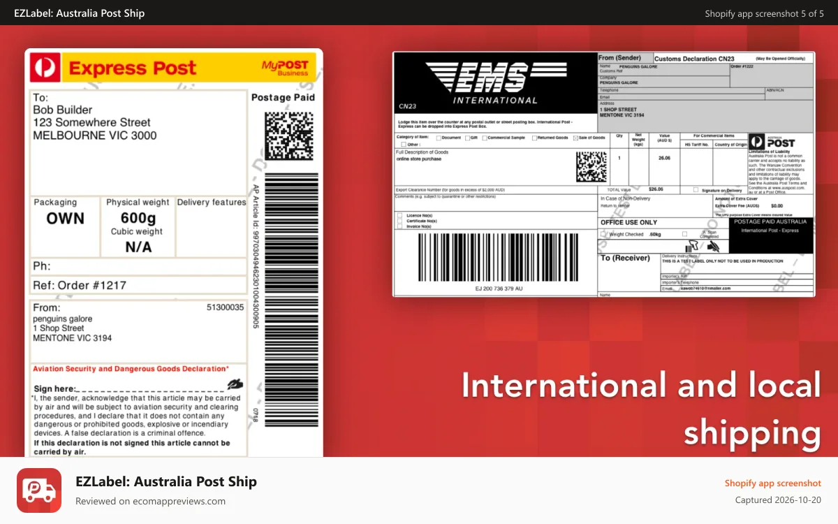EZLabel: Australia Post Ship Shopify app screenshot: international