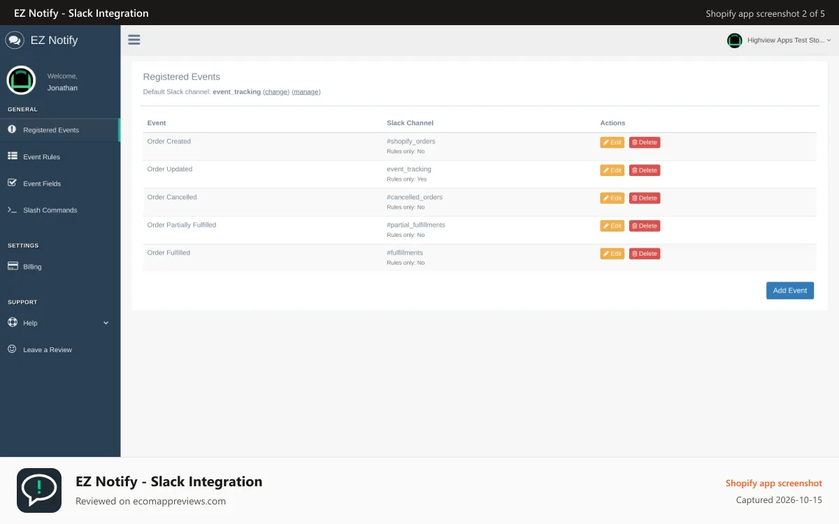 EZ Notify ‑ Slack Integration Shopify app screenshot: Registered Shopify events.
