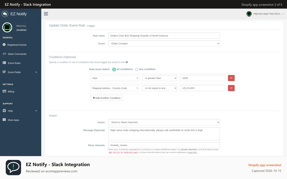 EZ Notify ‑ Slack Integration Shopify app screenshot: Specify your own custom rule conditions and action.