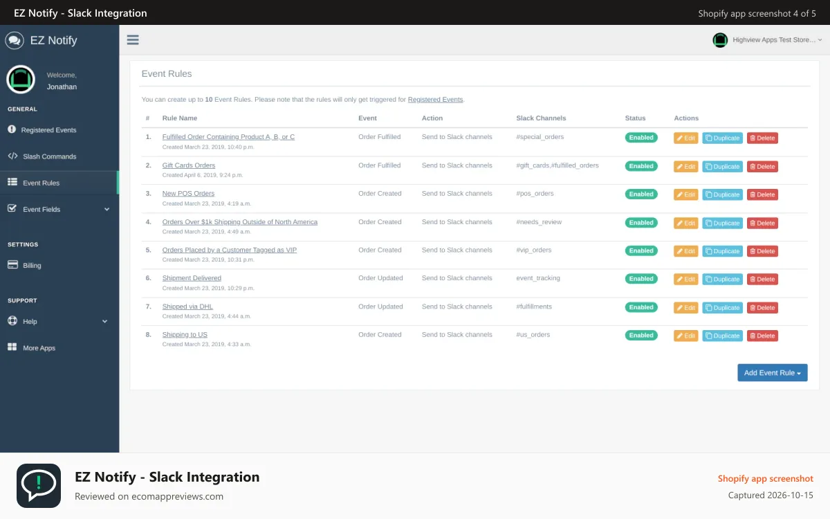 EZ Notify ‑ Slack Integration Shopify app screenshot: Custom event rules based on Shopify order data.