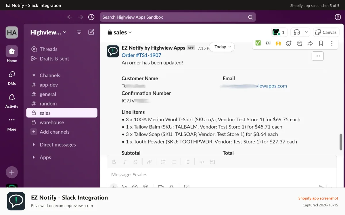 EZ Notify ‑ Slack Integration Shopify app screenshot: Sample Slack notification.