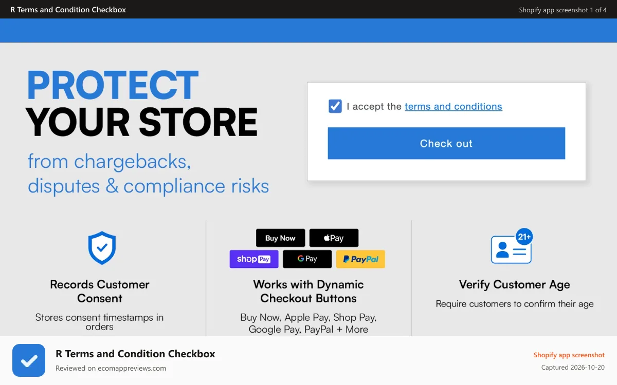 R Terms and Condition Checkbox Shopify app screenshot: Terms and conditions checkbox