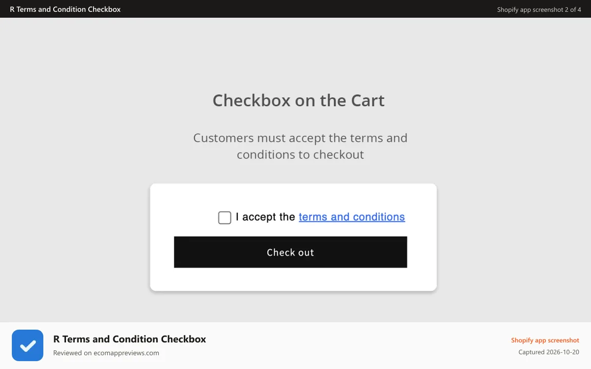 R Terms and Condition Checkbox Shopify app screenshot: Shopify terms and conditions checkbox app - cart page