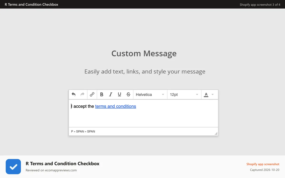 R Terms and Condition Checkbox Shopify app screenshot: Shopify terms and conditions checkbox app - customize text
