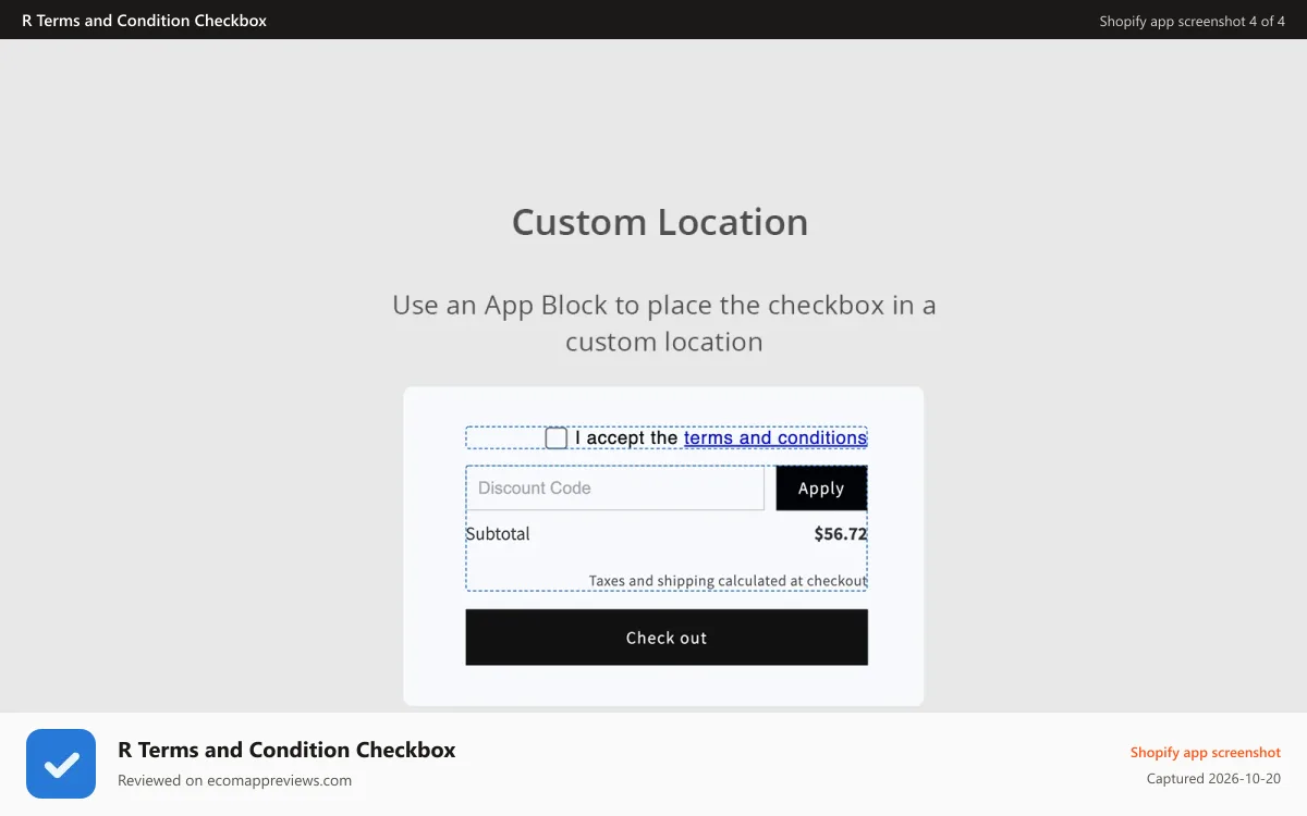 R Terms and Condition Checkbox Shopify app screenshot: Shopify terms and conditions checkbox app - custom location