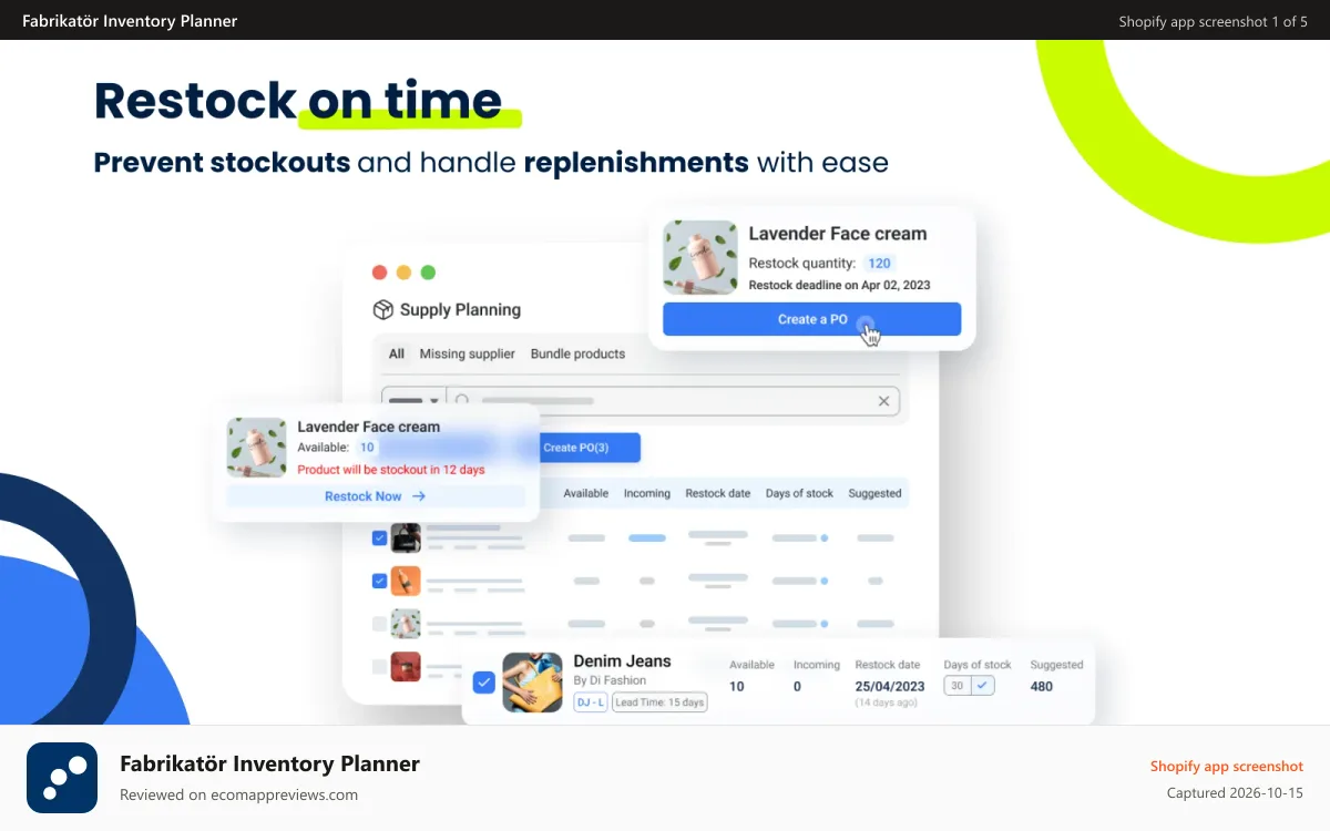 Fabrikatör Inventory Planner Shopify app screenshot: Inventory optimization and planning, restock open-to-buy SKUs