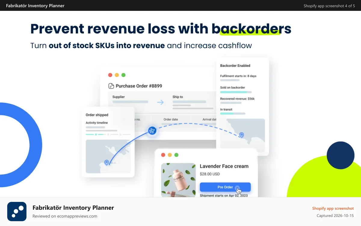 Fabrikatör Inventory Planner Shopify app screenshot: Create inventory purchase orders, send POs to your suppliers