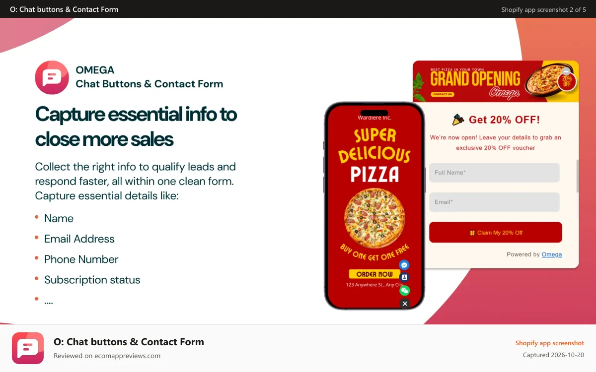 O: Chat buttons & Contact Form Shopify app screenshot: Omega Messenger chat increases conversion rate