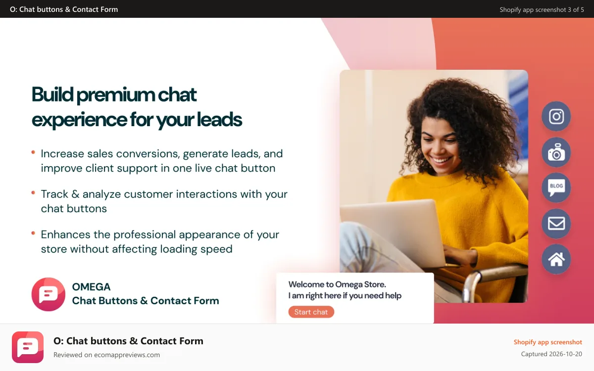 O: Chat buttons & Contact Form Shopify app screenshot: All-in-one platform to manage chat/message