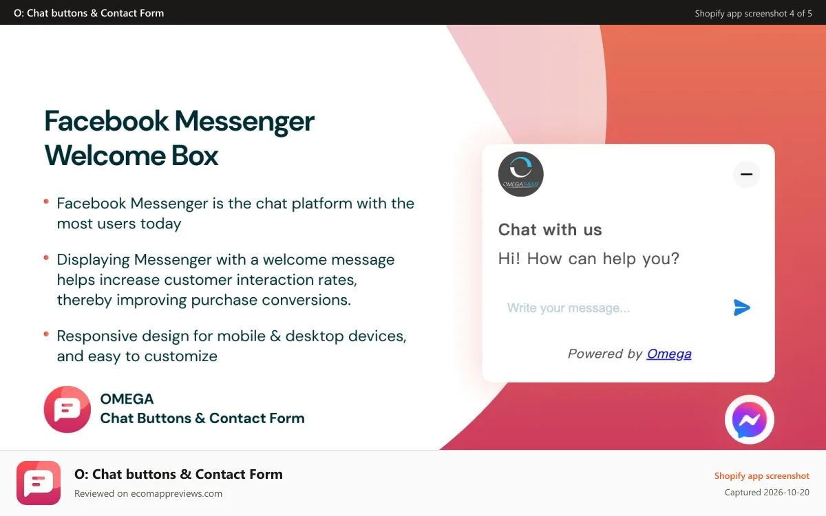 O: Chat buttons & Contact Form Shopify app screenshot: Understand customers' shopping journey with facebook messenger