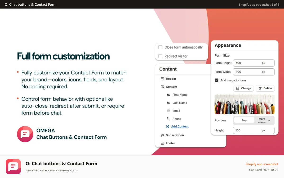O: Chat buttons & Contact Form Shopify app screenshot: Omega Facebook Messenger live chat: Customer support 24/7