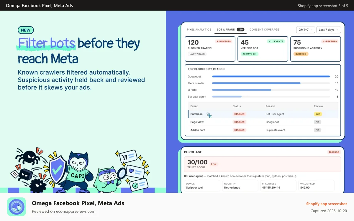 Omega Facebook Pixel, Meta Ads Shopify app screenshot: bot-fraud-filter-meta-pixel