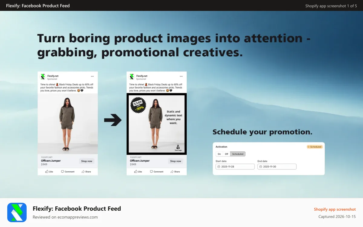 Flexify: Facebook Product Feed Shopify app screenshot: Turn boring product images into attention-grabbing creative ads.