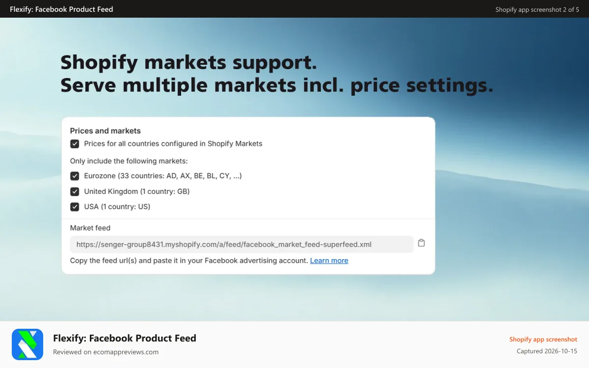 Flexify: Facebook Product Feed Shopify app screenshot: Supports Shopify markets. Multiple languages and currencies