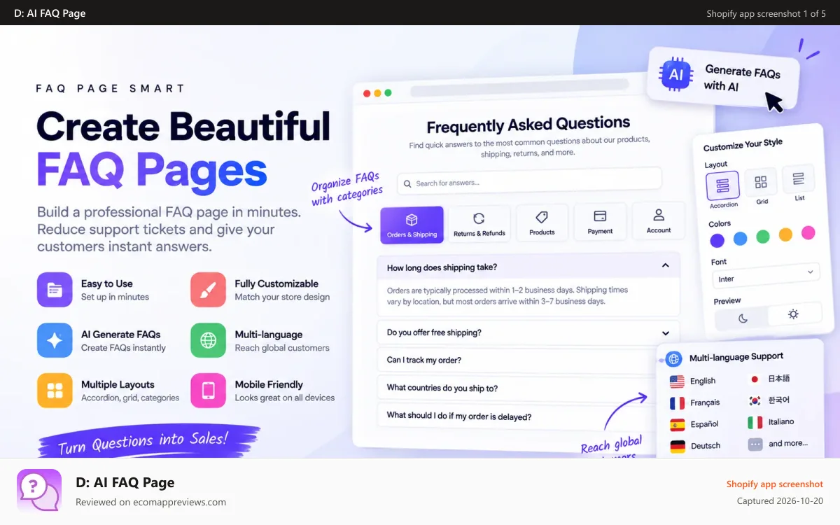 D: AI FAQ Page Shopify app screenshot: Faq page & help center Pro