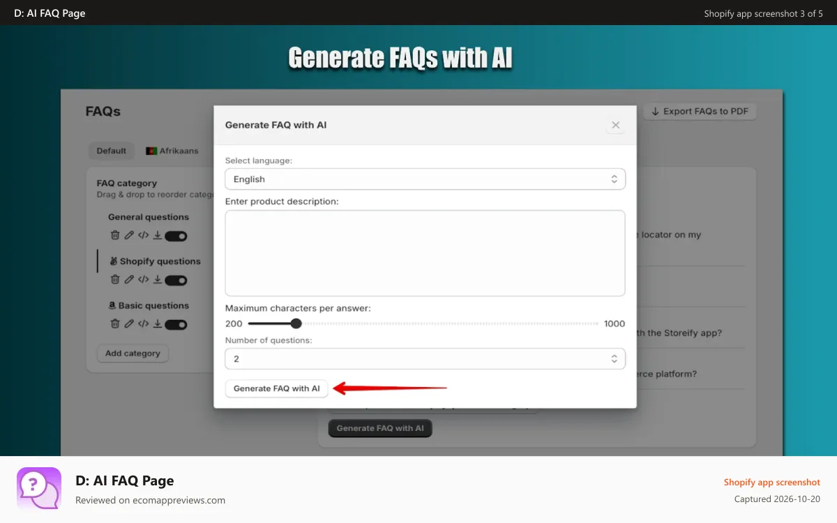 D: AI FAQ Page Shopify app screenshot: FAQ 02