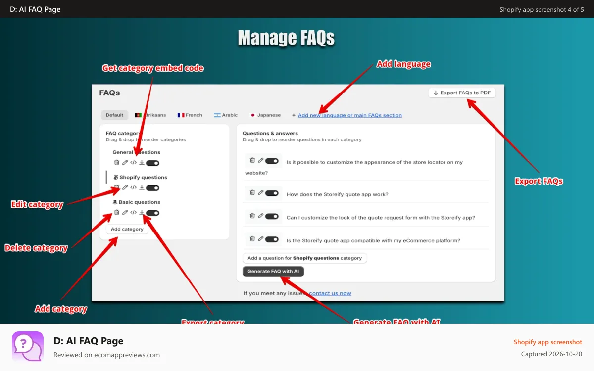 D: AI FAQ Page Shopify app screenshot: FAQ 03