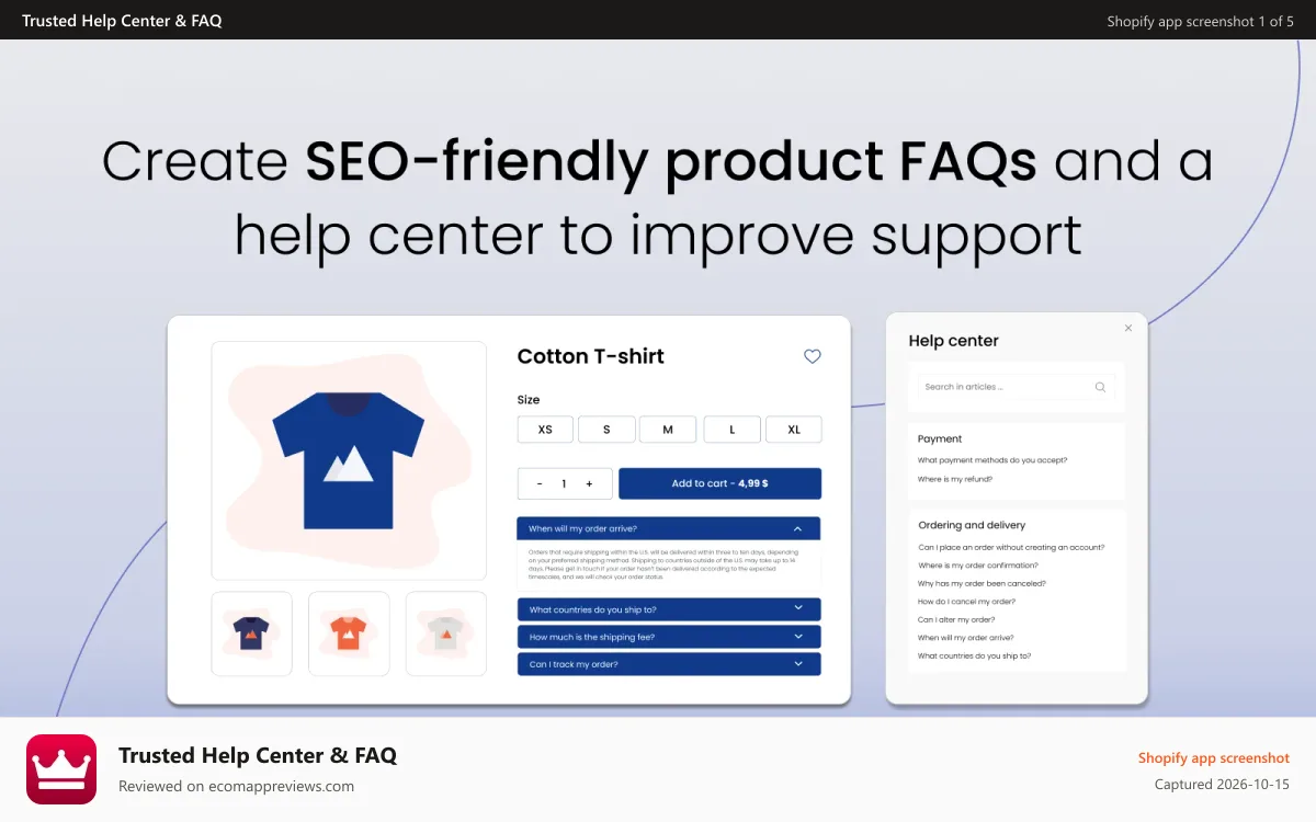 Trusted Help Center & FAQ Shopify app screenshot: Fully customizable FAQ page & FAQ on product pages | Help center