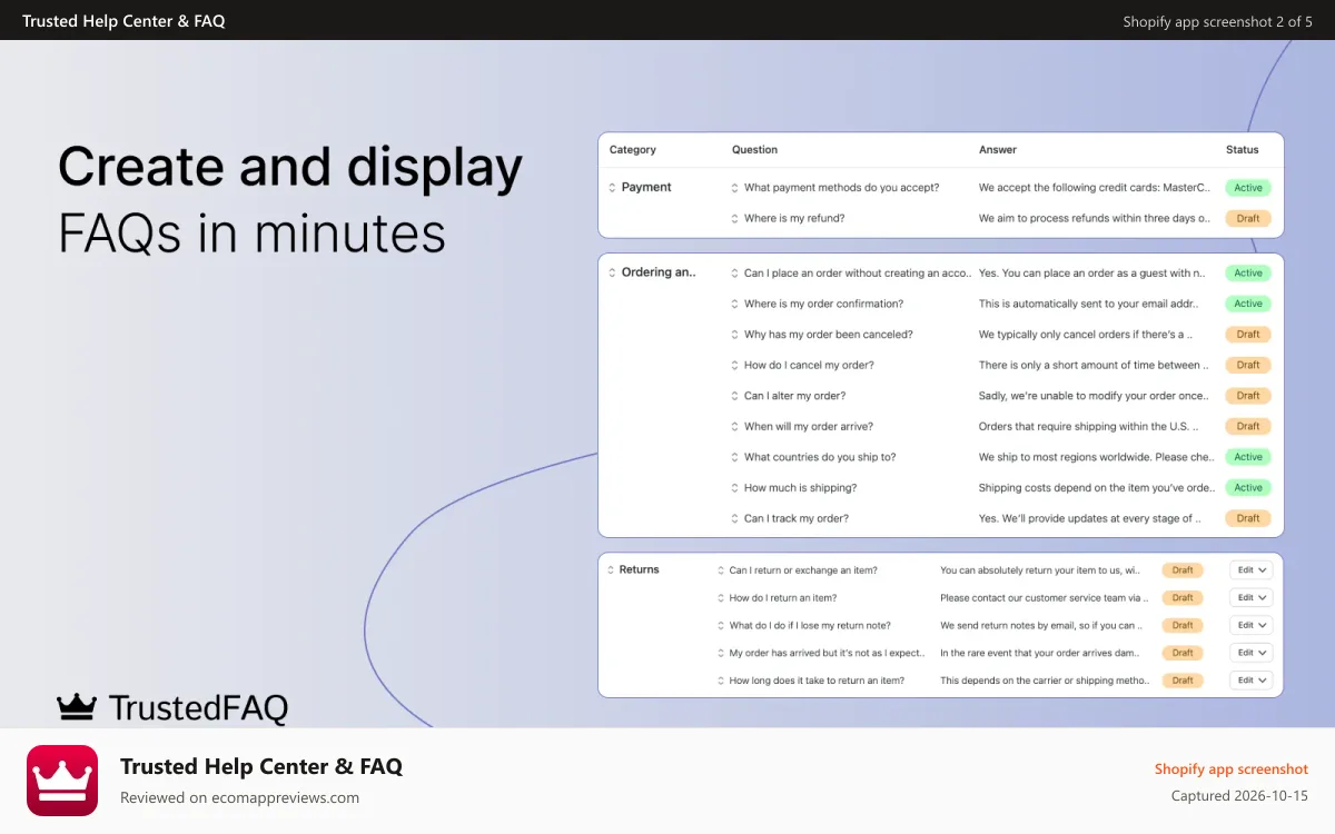 Trusted Help Center & FAQ Shopify app screenshot: Create and display FAQs in minutes