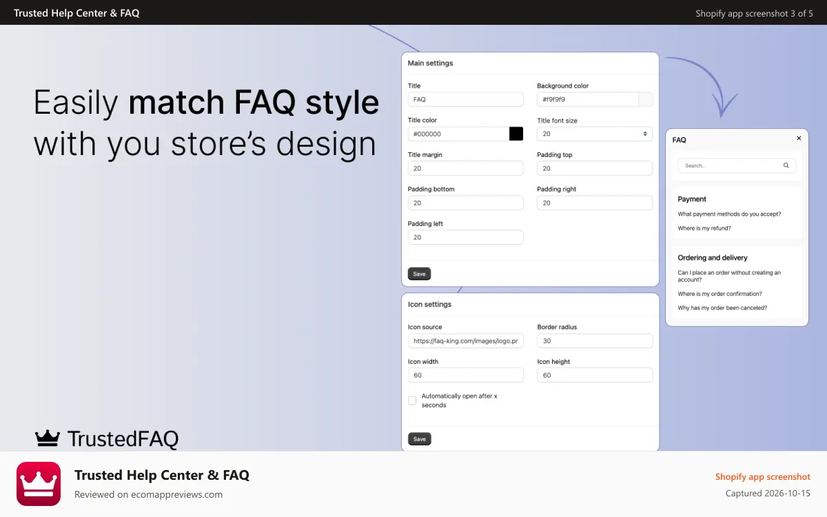 Trusted Help Center & FAQ Shopify app screenshot: Fully customizable FAQs