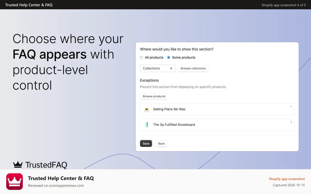 Trusted Help Center & FAQ Shopify app screenshot: FAQ custom placement