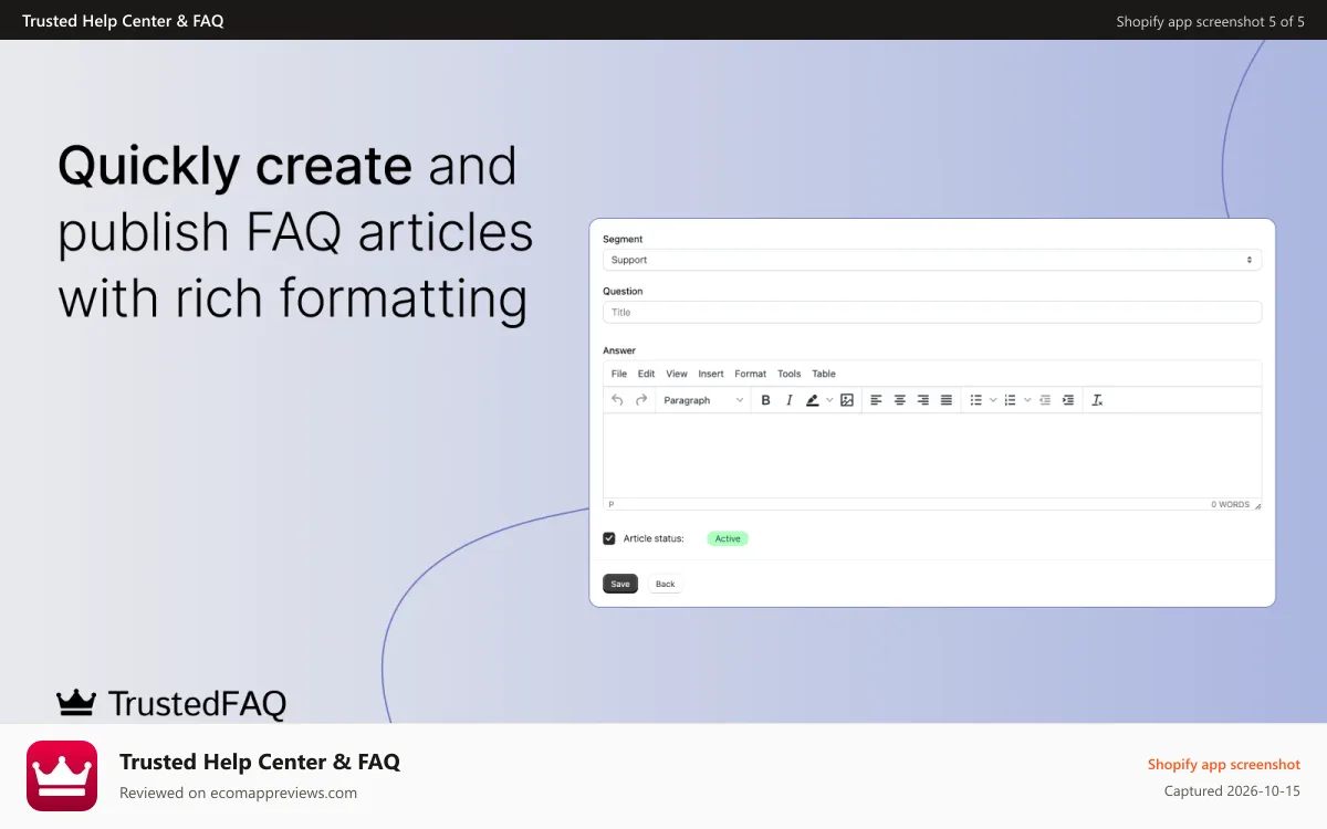 Trusted Help Center & FAQ Shopify app screenshot: Qickly create FAQs with rich formatting