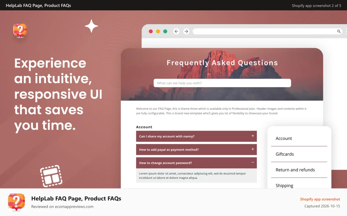 HelpLab FAQ Page, Product FAQs Shopify app screenshot: Responsive, Modern, Customizable