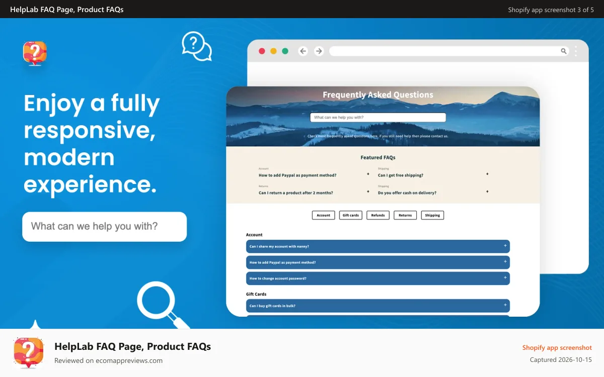 HelpLab FAQ Page, Product FAQs Shopify app screenshot: Fully responsive