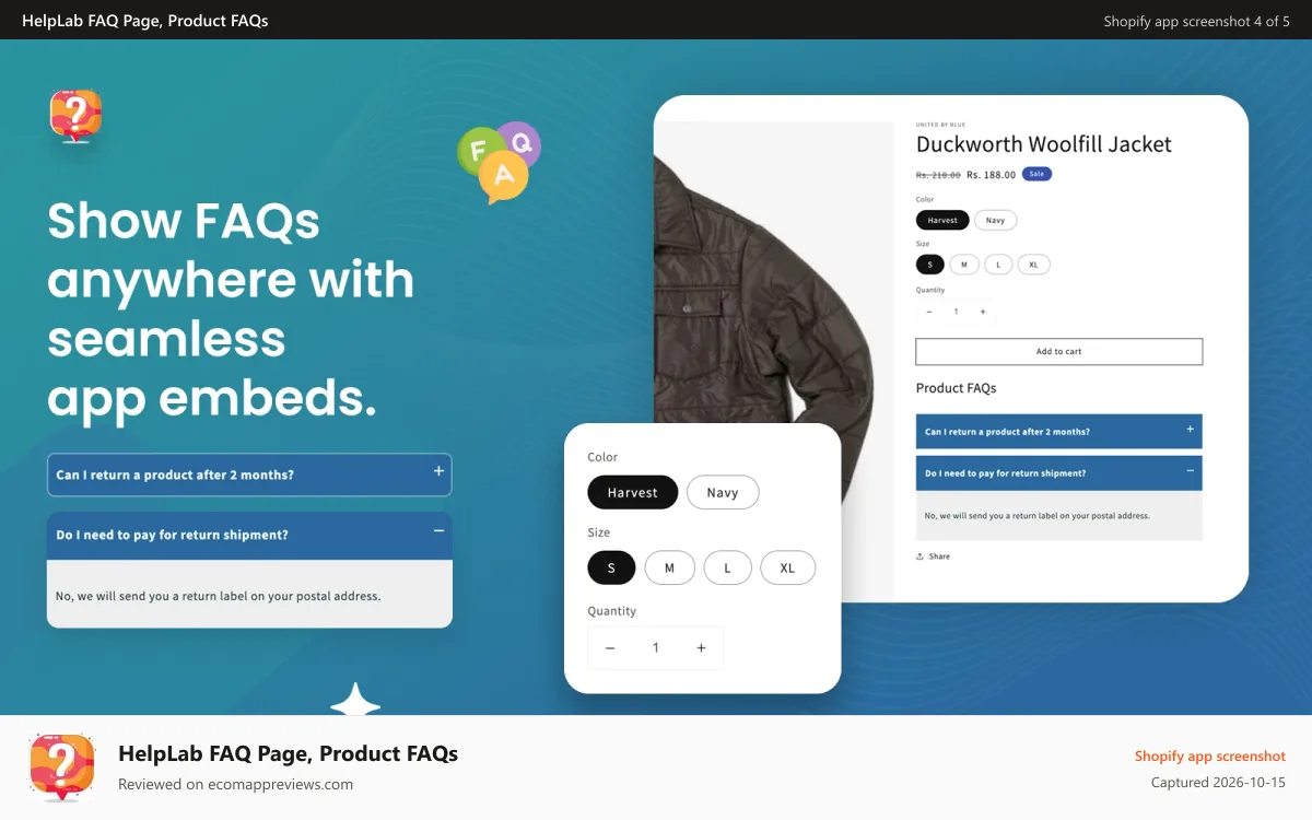 HelpLab FAQ Page, Product FAQs Shopify app screenshot: Embed at various locations