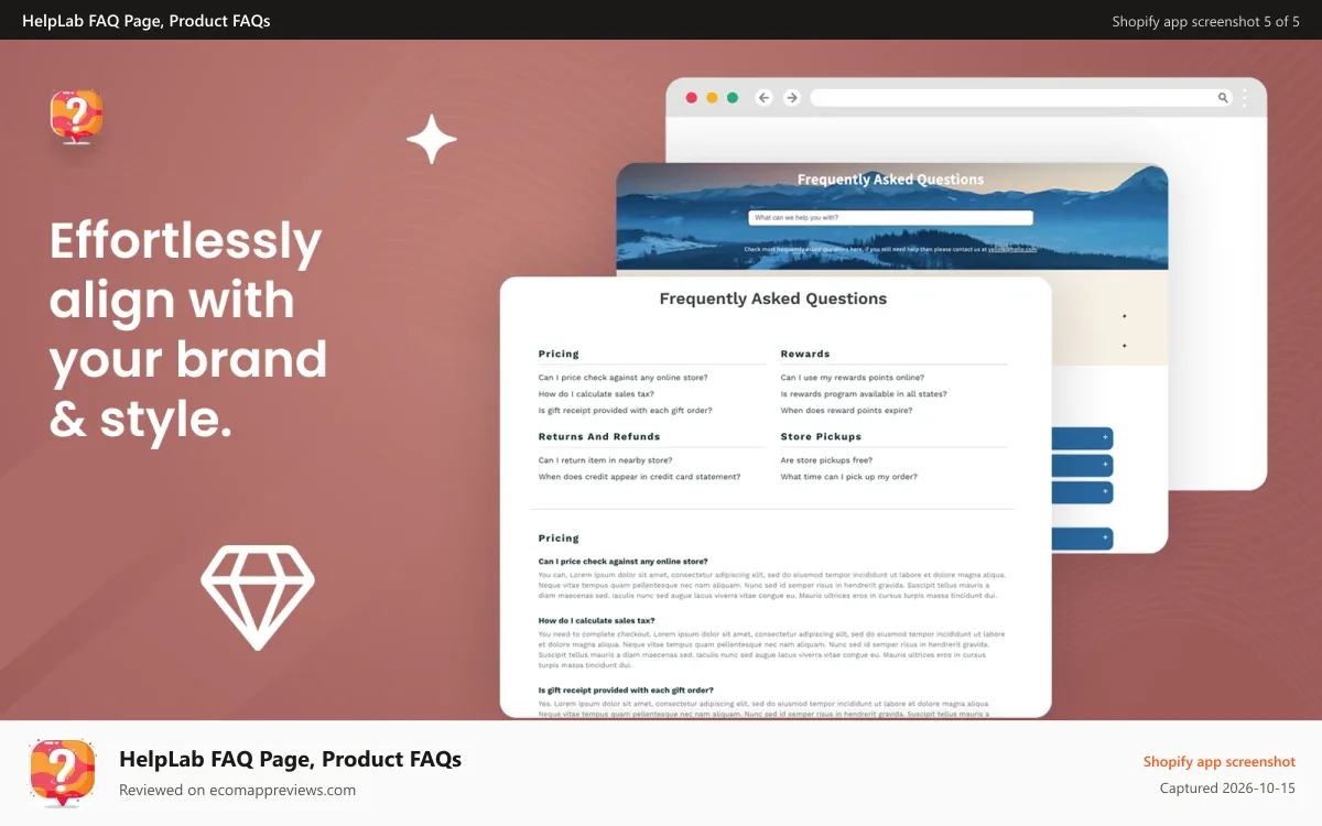 HelpLab FAQ Page, Product FAQs Shopify app screenshot: Color options, live preview, easy to u