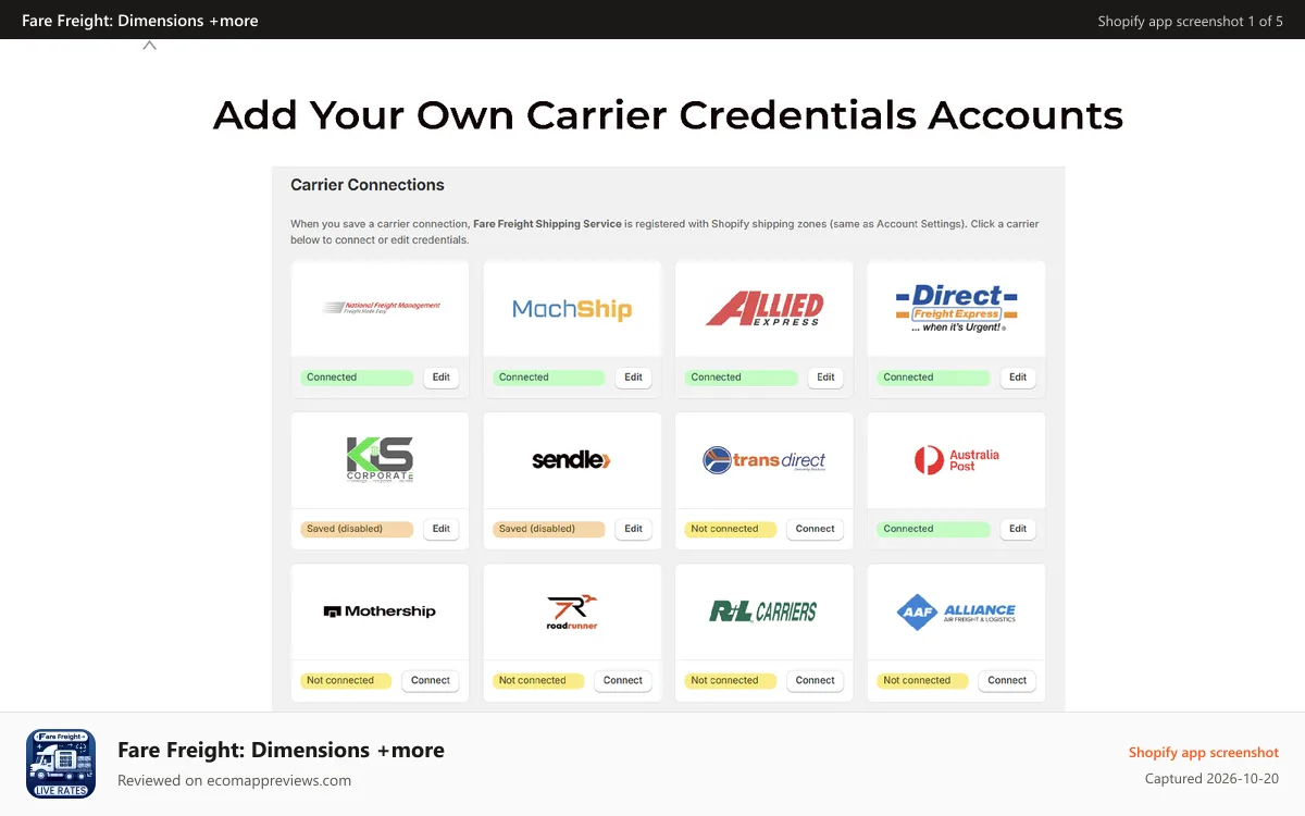 Fare Freight: Dimensions +more Shopify app screenshot: Add Your Own Carrier API