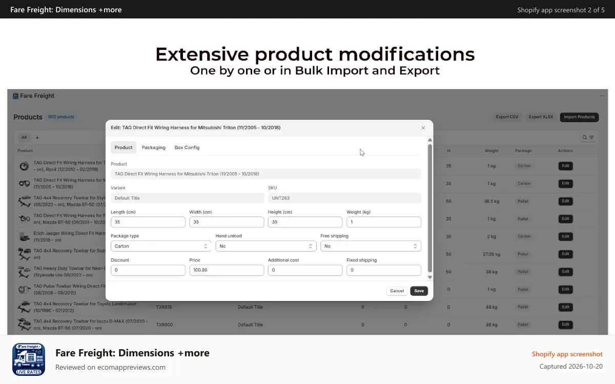 Fare Freight: Dimensions +more Shopify app screenshot: Extensive product modifications One by one or in Bulk