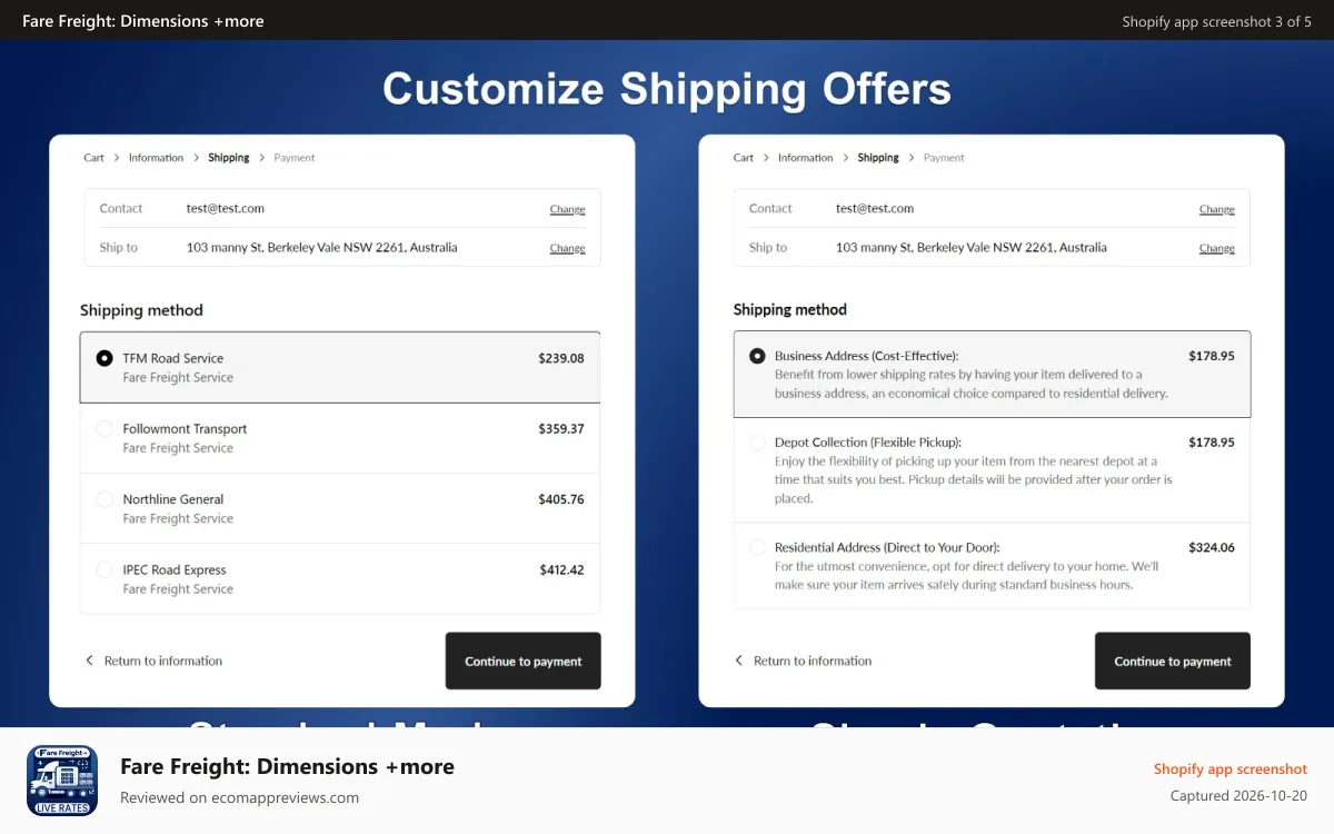 Fare Freight: Dimensions +more Shopify app screenshot: Checkout Extension that add question about delivery address type
