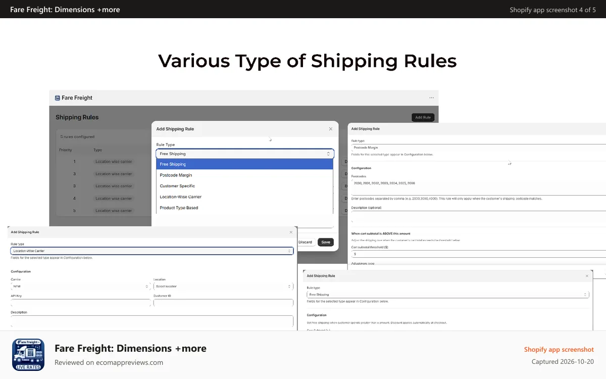 Fare Freight: Dimensions +more Shopify app screenshot: Various Type of Shipping Rules