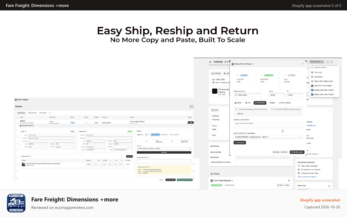 Fare Freight: Dimensions +more Shopify app screenshot: Keep Track of Carrier quotation per order