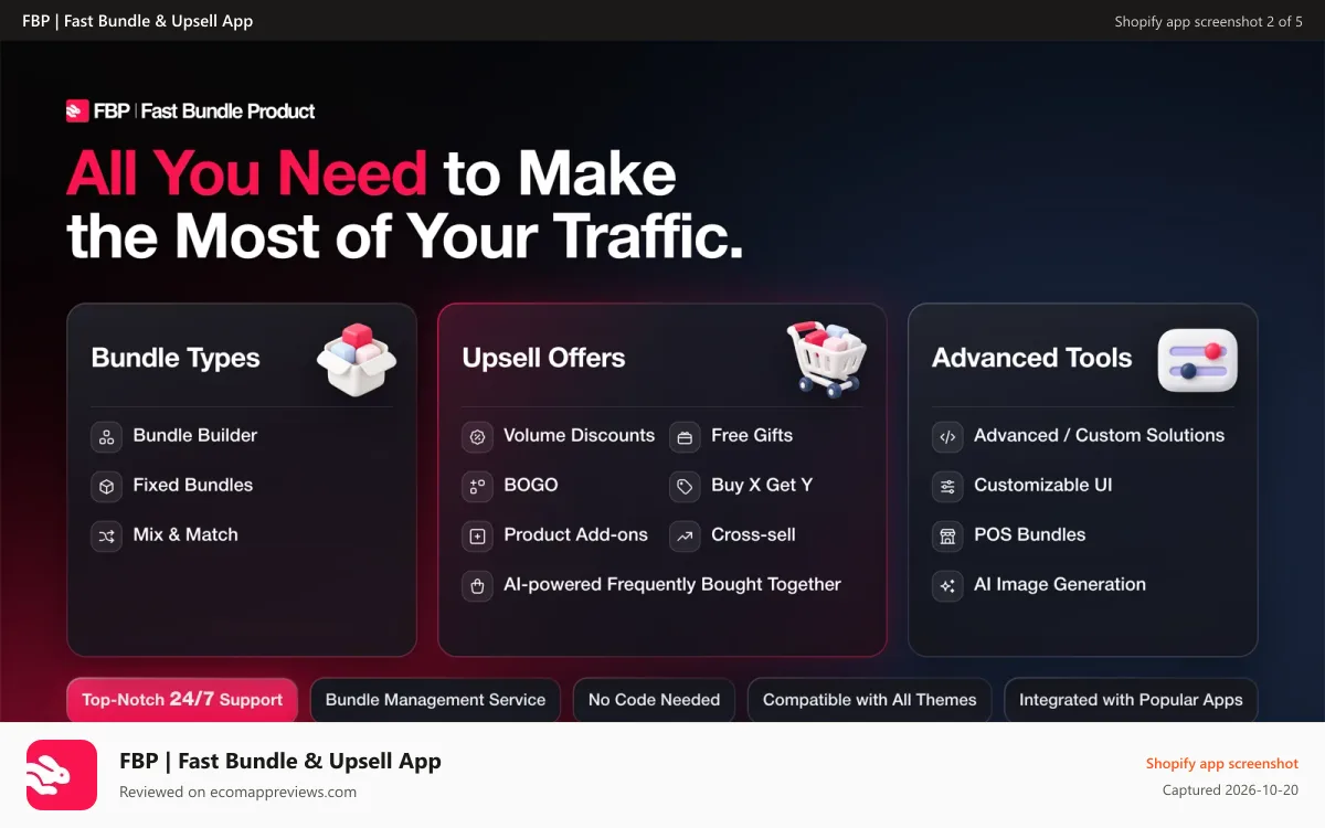 FBP | Fast Bundle & Upsell App Shopify app screenshot: Fast Bundle features: bundle builder, BOGO, free gifts and more