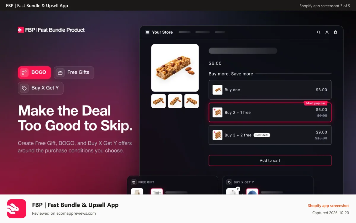 FBP | Fast Bundle & Upsell App Shopify app screenshot: Product page with BOGO offer, free gift and Buy X Get Y deals