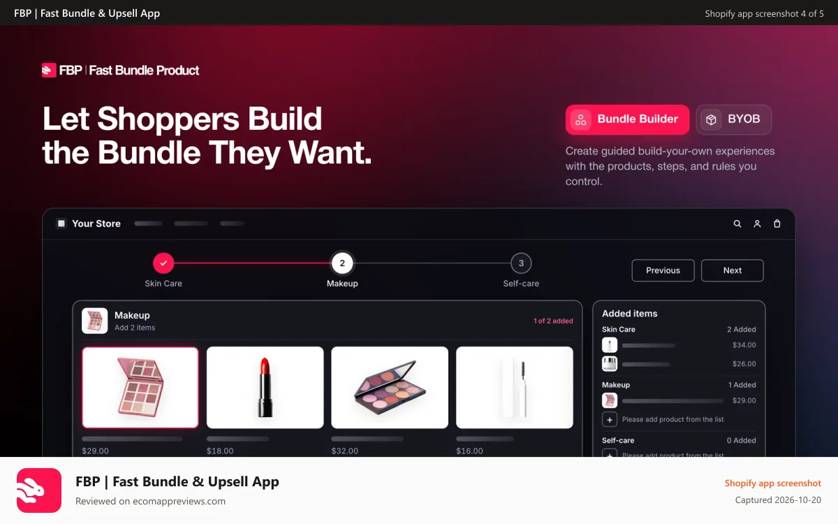 FBP | Fast Bundle & Upsell App Shopify app screenshot: Multi-step bundle builder where shoppers pick items at each step