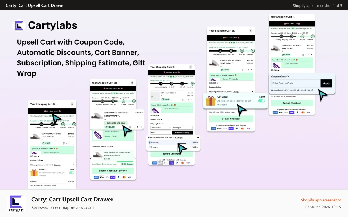 Carty: Cart Upsell Cart Drawer Shopify app screenshot: Smart Inupsells with discounts code, subscription, Ship Estimate